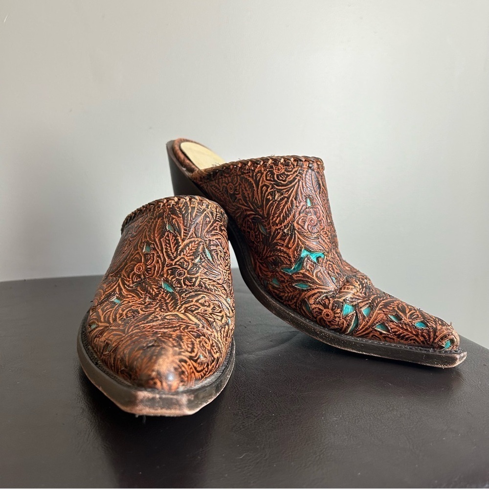 Stetson Brown Tooled Leather Slip On Mules with Turquoise Underlay Detail